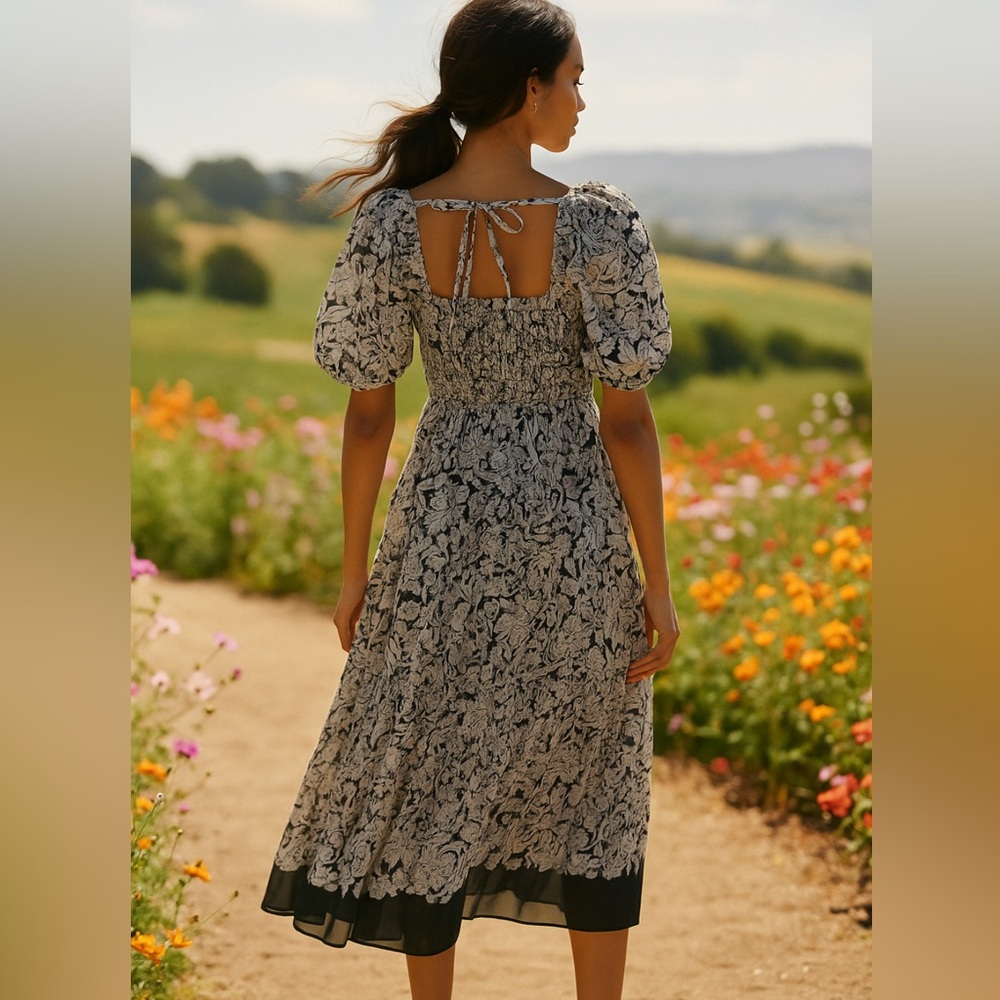 👗🌟Anthropologie Square Neck Smocked Midi Dress Boho Floral Black White XS 0 2 - Picture 6 of 12